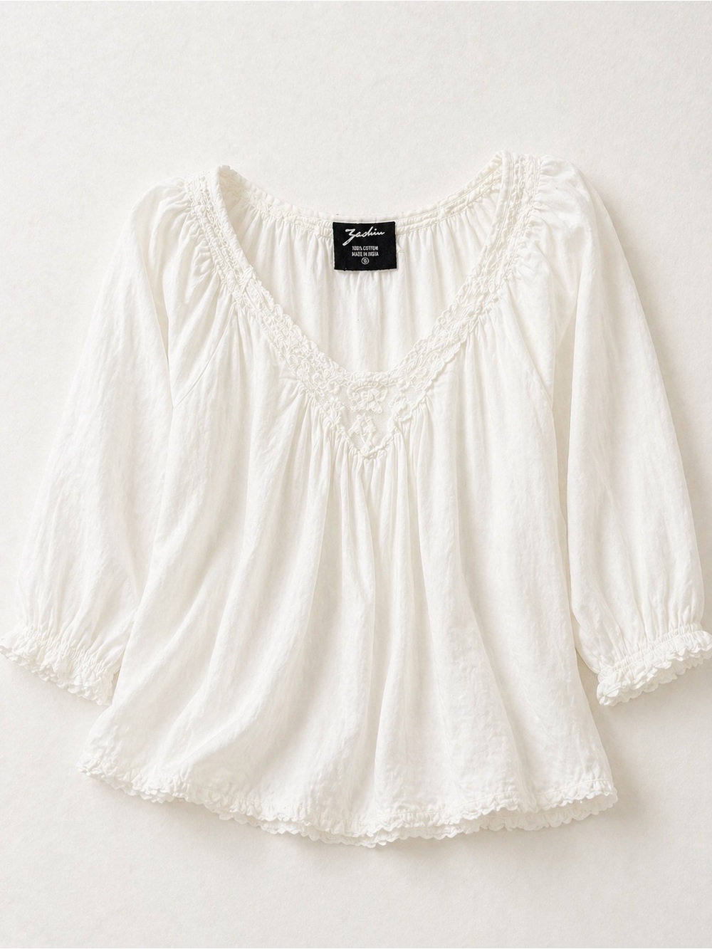 Zashi Boho Cottagecore Peasant Blouse White Cotton Lace coastal Flowy Small